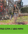 Man using Heavy Duty 80V Cordless Backpack Leaf Blower Featuring 750 Cfm Brushless Motor paired with a 4 Point Zero Ah Battery outdoors.