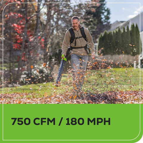 Man using Heavy Duty 80V Cordless Backpack Leaf Blower Featuring 750 Cfm Brushless Motor paired with a 4 Point Zero Ah Battery outdoors.