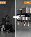 Before and after of garage organization with 2-Pack Heavy Duty Wall Shelves 2x3ft, 500 Lb Capacity Garage Wall Mounted Shelving Racks