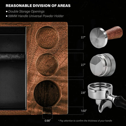 4 In 1 Walnut Pro Barista Style Espresso Tamping Station And Knock Box for 58mm Portafilter with slots for distributor and tamper