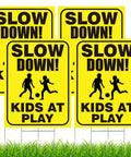 Slow Down Kids At Play Signs With Metal Stakes Four Pack 12 By 16 Inch Double Sided Caution Signs for Street Yard Lawn or Neighborhoods Yellow
