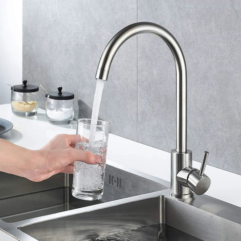 High Arc Commercial Kitchen Faucet Made Of Stainless Steel Brushed Nickel With Single Handle And 360 Degree Swivel For One Hole Bar Sink