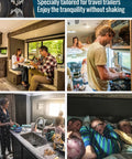 Families enjoying travel trailers with stability enhancements in various settings, including dining and sleeping. Specialized stabilizers.