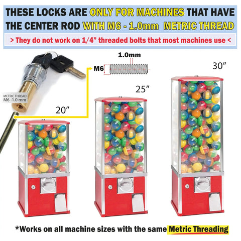 Replacement Lock And Key Set For Gumball Machines Top Lid Locks with M6 - 1.0mm metric thread, compatible with 20, 25, 30 inch machines.