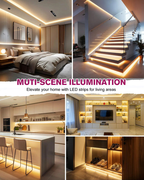 Warm White COB LED Strip Lights 32.8ft 3000K 24V Dimmable Tape Light illuminating various home interiors
