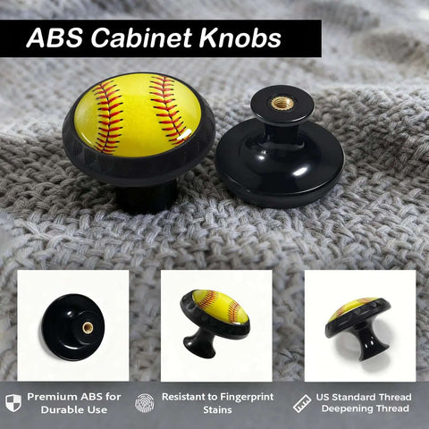 Straight Fire Softball Cabinet Knobs Four Pack Featuring Bright Yellow Leather Texture With Classic Red Stitching Hardware totally sweet for kitchen bathroom drawers, shown with fabric background.