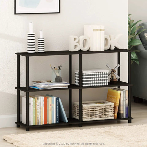 Toolless 3-Tier Corner Storage Shelf, 47.4-Inch Wide Espresso Open Shelves For Living Room, displaying books and decor.