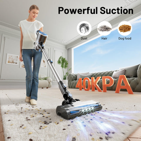 Woman using Cordless Vacuum Cleaner With Self Standing And LED Screen, Lightweight Yet Powerful Suction on carpet