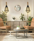 Plug In Wall Sconces 2 Pack Farmhouse Wood And Metal Wire Cage Lamps With Plug In Cord And On Off Switch in cozy living room