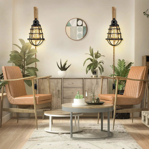 Plug In Wall Sconces 2 Pack Farmhouse Wood And Metal Wire Cage Lamps With Plug In Cord And On Off Switch in cozy living room