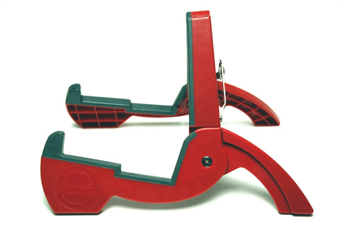 Side view of Duro Pro Guitar Stand Red With Steel Reinforced Pivot And Inert Silicon Padding, folded position.