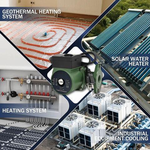 Heavy Duty Cast Iron Circulator Pump Three Speed Hot Water Heater With Built In Check Valve One Inch Flanged Connection Straight Up Quick Install For Radiant Floor Heating displayed in geothermal heating system.