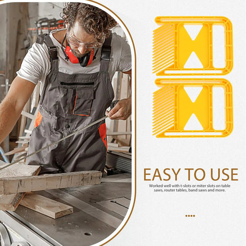 Extended Yellow Featherboard Safety Clamp For Table Saws And Band Saws provides a knockout grip in a woodworking shop.