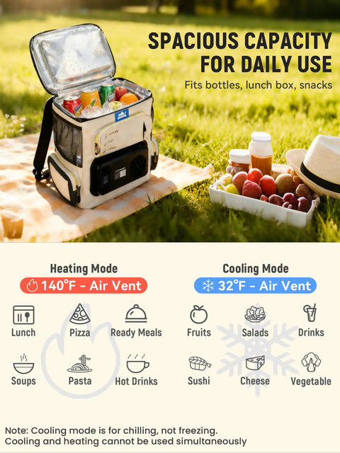 Ultra Light 16Qt Electric Cooler Bag Precision Dual Temp Knobs Chills Drinks To 32F Warms Meals To 140F Plug And Play for picnic with snacks and drinks.