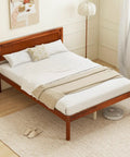 Rock Solid Mid Century Modern Full Size Wood Platform Bed With Reinforced Slat Support And Roomy 16 Inch Under Bed Storage No Box Spring Needed For Hassle Free Assembly In Classic Walnut Finish, viewed from above.