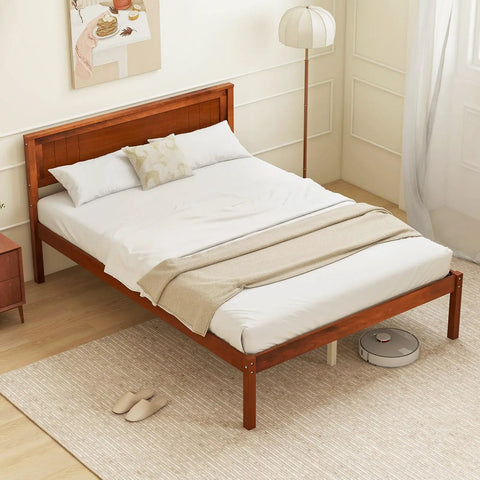 Rock Solid Mid Century Modern Full Size Wood Platform Bed With Reinforced Slat Support And Roomy 16 Inch Under Bed Storage No Box Spring Needed For Hassle Free Assembly In Classic Walnut Finish, viewed from above.