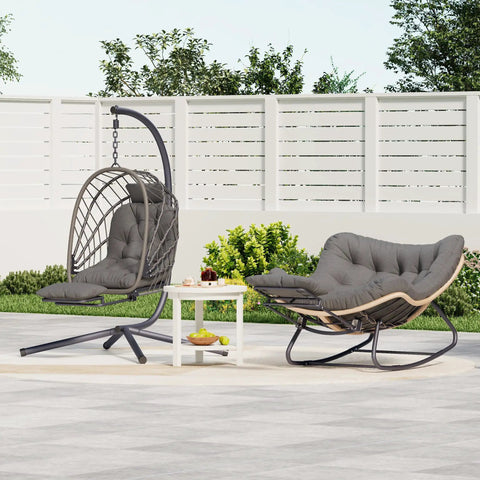 Outdoor Egg Swing Chair With Stand And Footrest, Cozy Patio Hanging Rocking Chair With Cushion, Dark Gray on patio