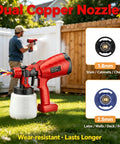Cordless Hvp Paint Sprayer With 1000Ml Cup And 30000 Rpm Copper Motor spraying colorful mist on a fence in a garden.
