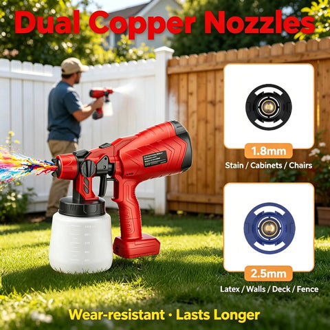 Cordless Hvp Paint Sprayer With 1000Ml Cup And 30000 Rpm Copper Motor spraying colorful mist on a fence in a garden.