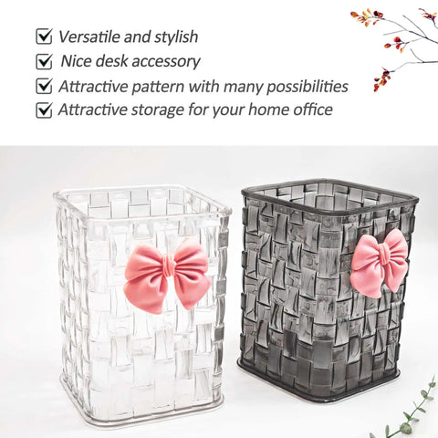 Clear White Acrylic Desk Pen And Makeup Brush Holder With Woven Texture Bow Accent alongside black holder.