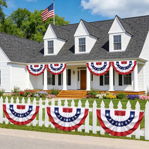 Eight Pack Pleated Bunting Flags 1.5x3 Feet For Outdoor Use Red White And Blue displayed on house and fence