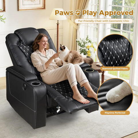 Woman lounging with cat on power recliner chair with USB ports and cup holders for home theater vibes and cozy movie nights.