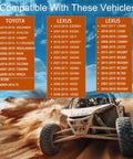 Toyota Oil Filter Housing Cap Assembly compatibility chart with model years and off-road vehicle in desert.