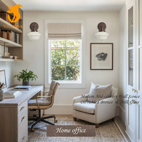 Wall Sconce Lighting Oil Rubbed Bronze Milk Glass Hardwired Wall Sconces in modern home office setting with desk and window.