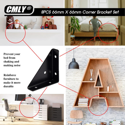 Black 8 Pack 66mm Triangle Shelf Brackets For Wood Metal And Cabinets, 90 Degree Corner Desk Connectors in various uses.