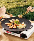 Thin 9.4 Inch Iron Grill Pan With Nonstick Coating for stovetop cooking, grilling seafood and pasta, used outdoors