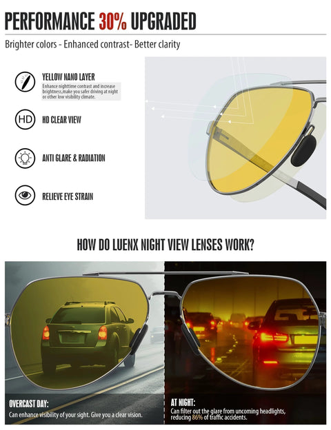 LUENX night vision driving sunglasses, front view with yellow lenses and silver metal frame