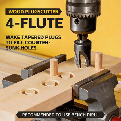 4-flute plug cutter in use with 15 Piece Countersink Drill Bit Set With Magnetic Extension Bit Holder And Wood Plug Cutters
