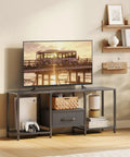 Slick Industrial TV Stand With Fabric Drawer For Fifty Five Inch TV Sweet Entertainment Center With Open Shelves Media Console Table, black build with open shelving.