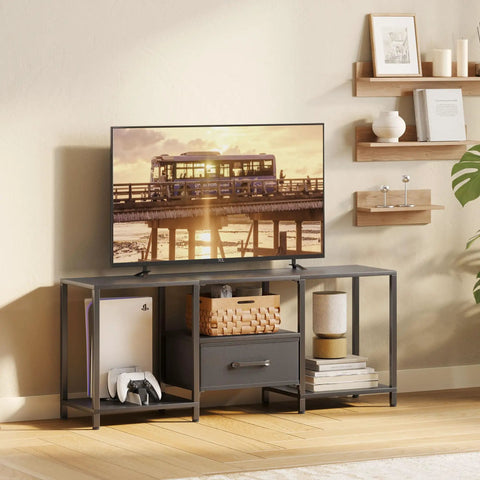 Slick Industrial TV Stand With Fabric Drawer For Fifty Five Inch TV Sweet Entertainment Center With Open Shelves Media Console Table, black build with open shelving.