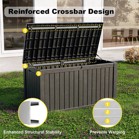 Heavy Duty 150 Gallon Waterproof Outdoor Storage Box For Patio And Garden Lockable Resin Deck Box with open lid
