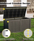 Open 180 Gallon Resin Outdoor Deck Box Waterproof Storage Chest For Patio Furniture Cushions Pool Accessories And Garden Tools Easy Access Lid UV Resistant And Weatherproof Black with reinforced crossbar design on grassy yard