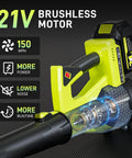 Cordless Leaf Blower 500 CFM 21V With 4.0Ah Battery And Fast Charger, highlighting 150 MPH airspeed and brushless motor