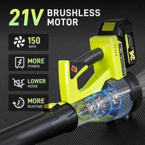 Cordless Leaf Blower 500 CFM 21V With 4.0Ah Battery And Fast Charger, highlighting 150 MPH airspeed and brushless motor