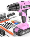Built Tough 20V Cordless Drill Set With Fast Charging Battery And Sleek Pink Finish Delivering 250 In Lbs Of Torque, drill and accessories laid out.