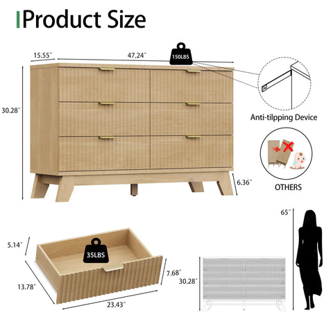Fluted Dresser for Bedroom With Six Drawers and Totally Modern Oak Finish 48 Inch Wide Wooden Dresser TV Stand With Measurements