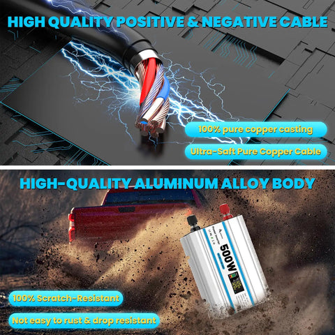 Heavy Duty Car Power Inverter 500W Converts 12V DC To 120V AC With Dual Wall Sockets And Quick Charge USB Ports For Your Daily Whip Weekend Cruises, featuring durable copper cable and aluminum alloy body.