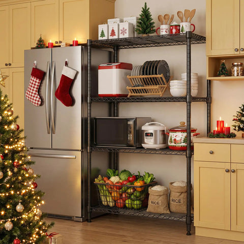 Beefy Heavy Duty 1400 Lbs 4 Tier Metal Wire Shelving Rack in kitchen, holding appliances and food items, with Christmas decor.