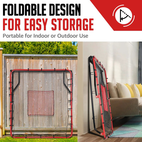 Game Ready Pitch Back Rebounder Net for Baseball and Softball with 3 adjustable angles on wood fence and folded by couch