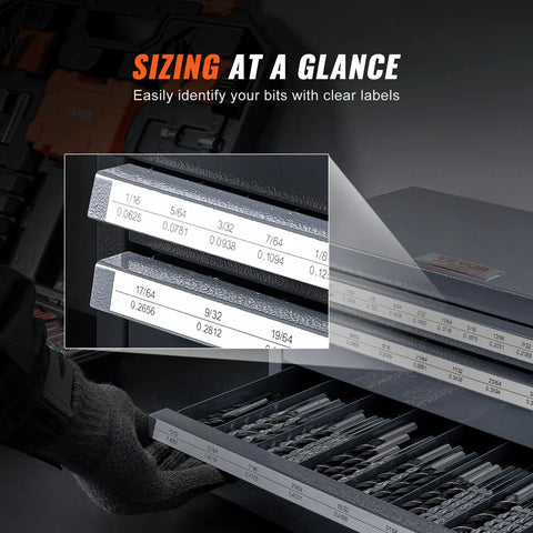 Drill Bit Dispenser Cabinet With Three Drawers, 29 Compartment Organizer showing clear labels on drawer compartments.