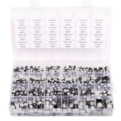 24 Values 1uF To 1000uF SMD Aluminum Electrolytic Capacitors Assortment Kit with labeled storage box showing capacitors for electronics projects