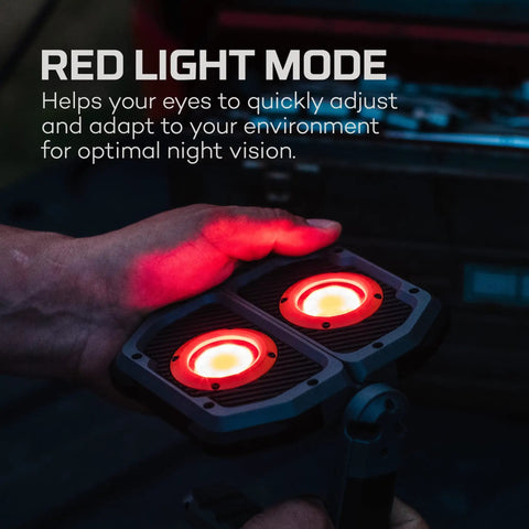 Omni 3K Rechargeable Work Light With 3000 Lumens, featuring red light mode in dim outdoor setting