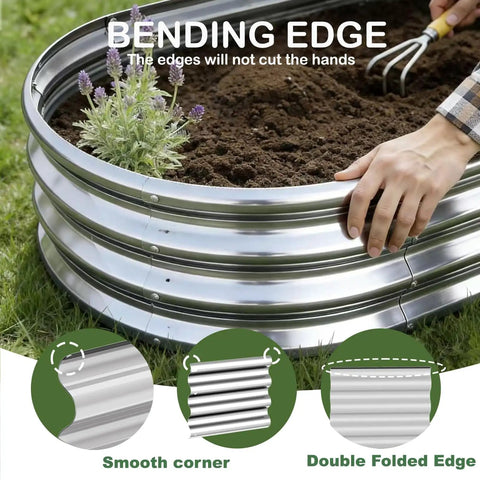 Close-up of Oval Raised Garden Bed Kit Two Piece 46 Inch Long 23.6 Inch Wide 11.8 Inch High Galvanized Metal Planter Boxes For Outdoor Use with soil and hands gardening.