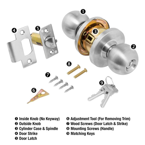 Storeroom Cylindrical Ball Knob Lock Commercial Grade 2 Brushed Chrome Finish with components for secure storage rooms