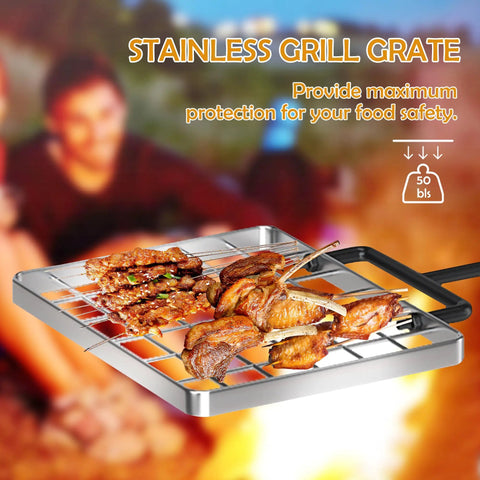 Four Prong Campfire Grill Grate With Swivel Handle For Heavy Duty Fire Pit Cooking And Outdoor BBQ Rock Solid Ground Anchoring And Steel Construction For Camping And Backyard Grilling Black with grill and meat