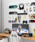 Peg Board Kit With Hooks And Bins For Wall Organizer Ideal For Office And Craft Rooms Display Ornaments And Keepsakes Includes Pegboard And Accessories For Easy DIY Storage And Awesome Organization installed on wall above desk with items organized.